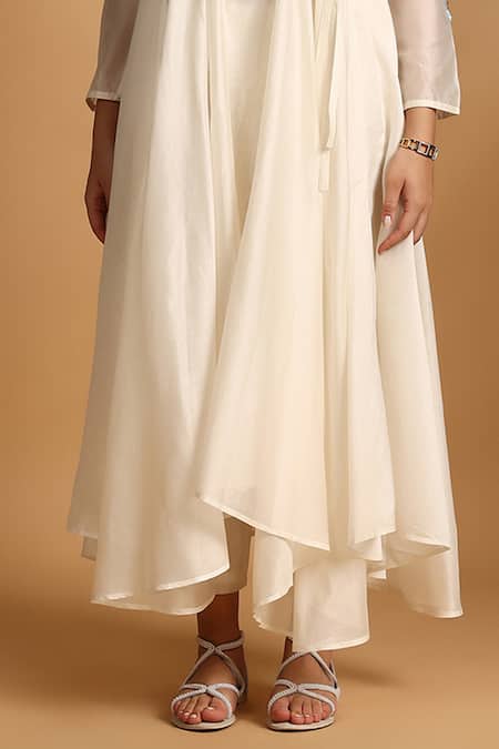 GOLDN_Beige Chanderi Silk Embroidery Shawl Neck, Yes Hand Angarkha And Trouser Set _Online_at_Aza_Fashions