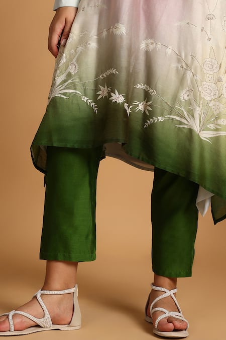 Buy_GOLDN_Pink Chanderi Silk Embroidery Mandarin Collar Hand Ombre Kurta And Trouser Set _Online_at_Aza_Fashions