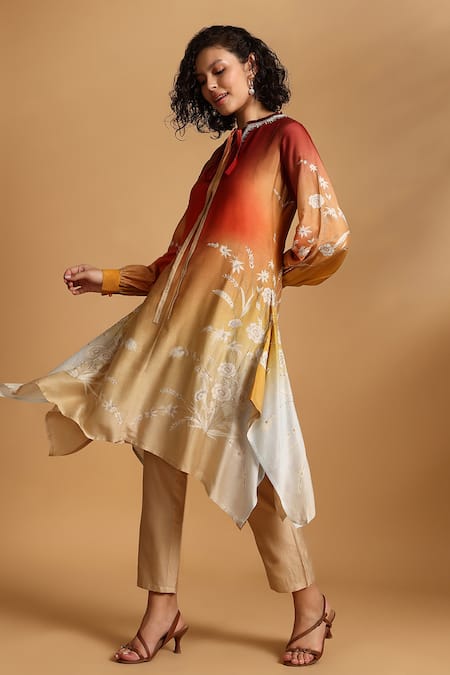 Shop_GOLDN_Red Chanderi Silk Embroidery Mandarin Collar Ombre Kurta And Trouser Set _Online_at_Aza_Fashions