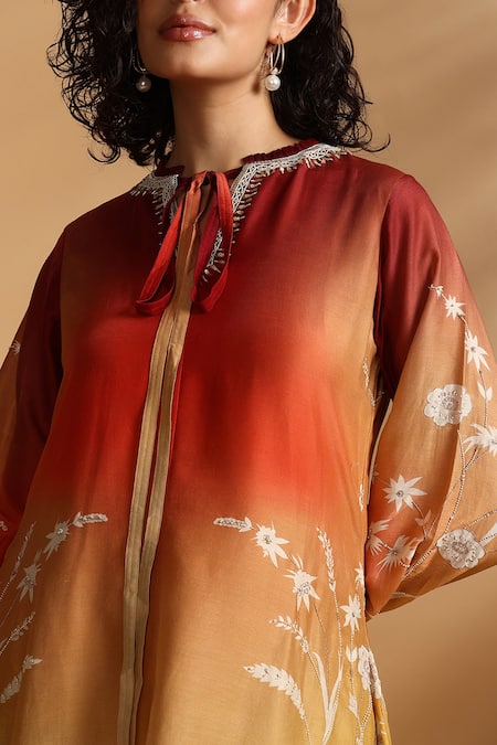 GOLDN_Red Chanderi Silk Embroidery Mandarin Collar Ombre Kurta And Trouser Set _at_Aza_Fashions