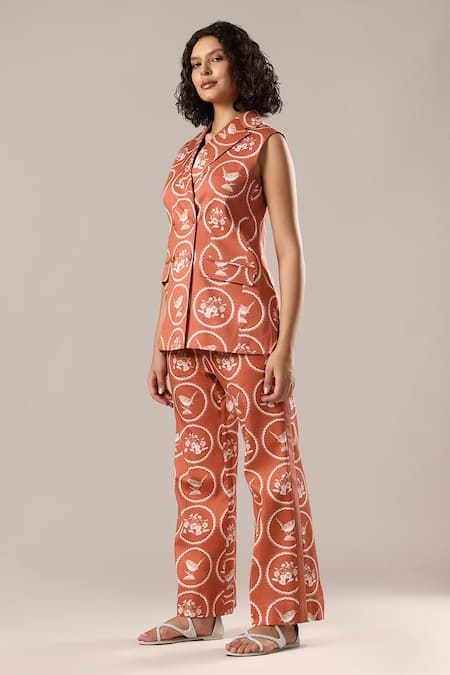 GOLDN_Orange Silk, Modal Printed Blazer And Trouser Set _Online_at_Aza_Fashions