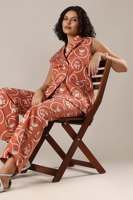 Buy_GOLDN_Orange Silk, Modal Printed Blazer And Trouser Set _Online_at_Aza_Fashions