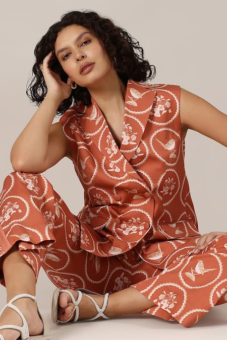 Shop_GOLDN_Orange Silk, Modal Printed Blazer And Trouser Set _Online_at_Aza_Fashions