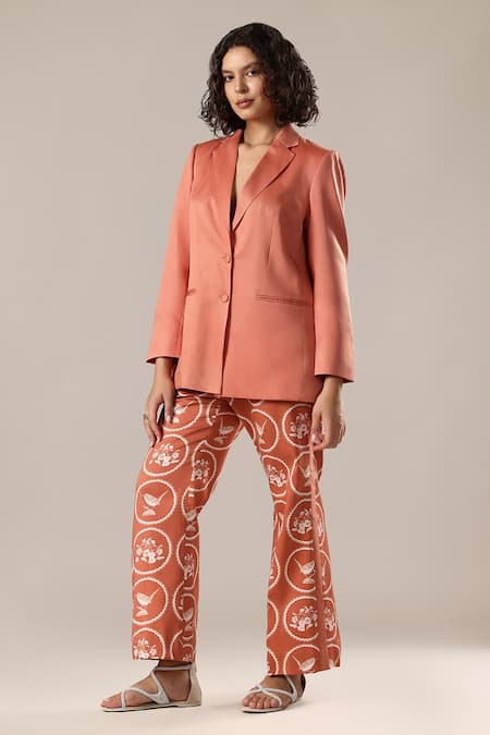GOLDN Orange Modal, Silk Printed Trouser And Blazer Set Online at Aza Fashions GOLDN_Orange Modal, Silk Printed Trouser And Blazer Set _Online_at_Aza_Fashions
