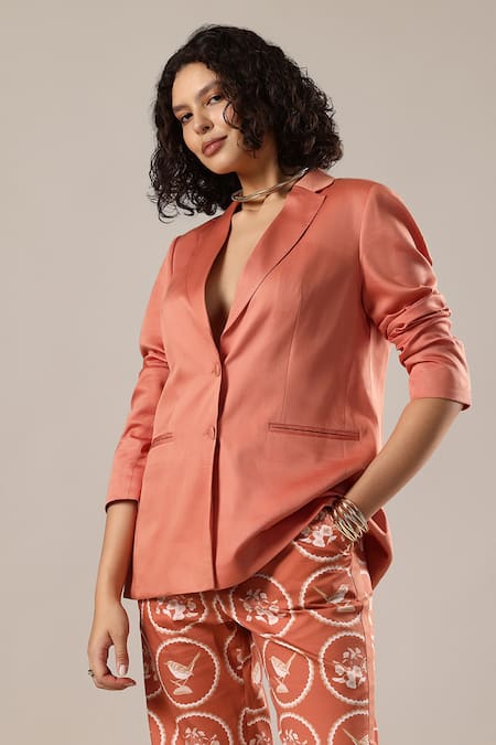 Shop GOLDN Orange Modal, Silk Printed Trouser And Blazer Set Online at Aza Fashions Shop_GOLDN_Orange Modal, Silk Printed Trouser And Blazer Set _Online_at_Aza_Fashions