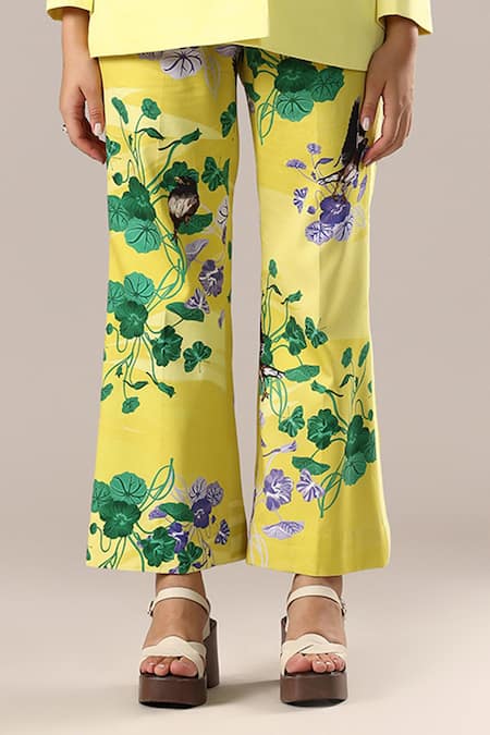 Buy_GOLDN_Yellow Silk, Modal Floral Print Trouser Set _Online_at_Aza_Fashions