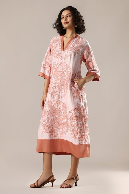 Shop_GOLDN_Pink Chanderi Silk Embroidery, Applique V-neck A-line Dress _Online_at_Aza_Fashions