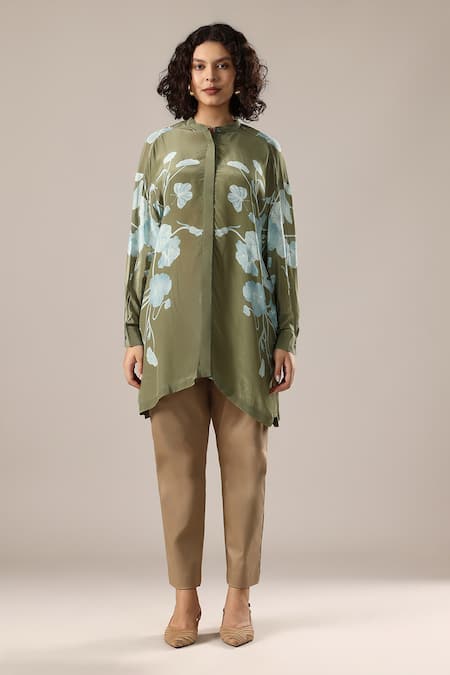 GOLDN_Green Crepe Mandarin Collar Printed Shirt Tunic _Online_at_Aza_Fashions