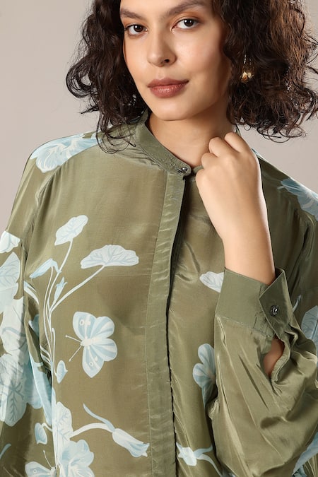 Shop_GOLDN_Green Crepe Mandarin Collar Printed Shirt Tunic _Online_at_Aza_Fashions