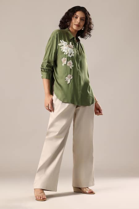 GOLDN_Green Crepe Embroidery, Applique Collared Floral Shirt _Online_at_Aza_Fashions