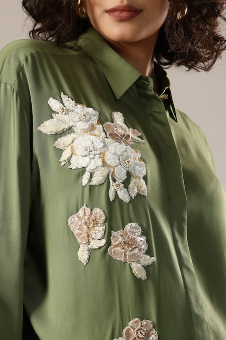 Shop_GOLDN_Green Crepe Embroidery, Applique Collared Floral Shirt _Online_at_Aza_Fashions