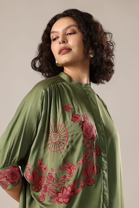 GOLDN_Olive Green Crepe Embroidery Mandarin Collar Floral Shirt _Online_at_Aza_Fashions