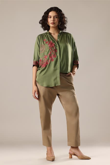 Buy_GOLDN_Olive Green Crepe Embroidery Mandarin Collar Floral Shirt _Online_at_Aza_Fashions