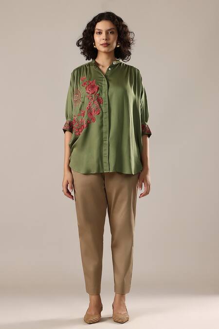 Shop_GOLDN_Olive Green Crepe Embroidery Mandarin Collar Floral Shirt _Online_at_Aza_Fashions