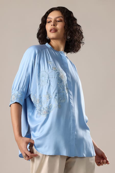 Buy_GOLDN_Blue Crepe Embroidery Mandarin Collar Floral Shirt _Online_at_Aza_Fashions