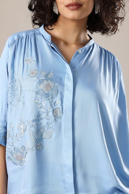 Shop_GOLDN_Blue Crepe Embroidery Mandarin Collar Floral Shirt _Online_at_Aza_Fashions