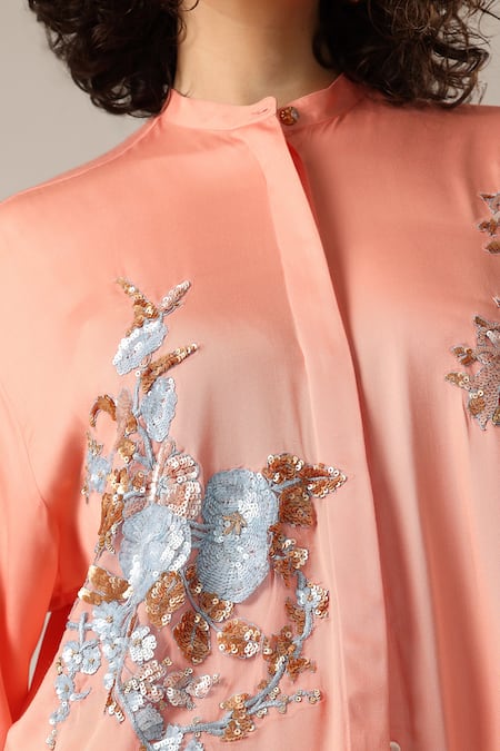 Buy_GOLDN_Peach Crepe Embroidery, Sequins Mandarin Collar Floral Hand Shirt _Online_at_Aza_Fashions