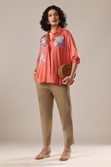 GOLDN_Coral Crepe Embroidery Collared Hand Shirt _Online_at_Aza_Fashions