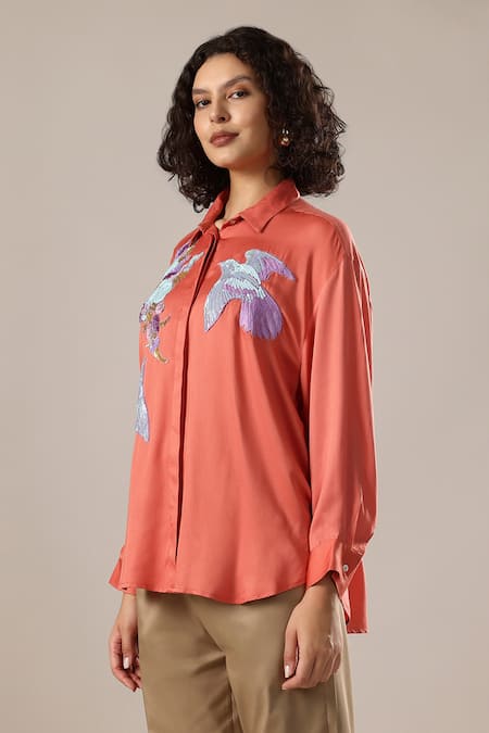 Buy_GOLDN_Coral Crepe Embroidery Collared Hand Shirt _Online_at_Aza_Fashions