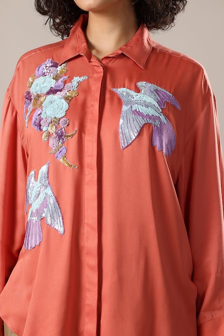 Shop_GOLDN_Coral Crepe Embroidery Collared Hand Shirt _Online_at_Aza_Fashions