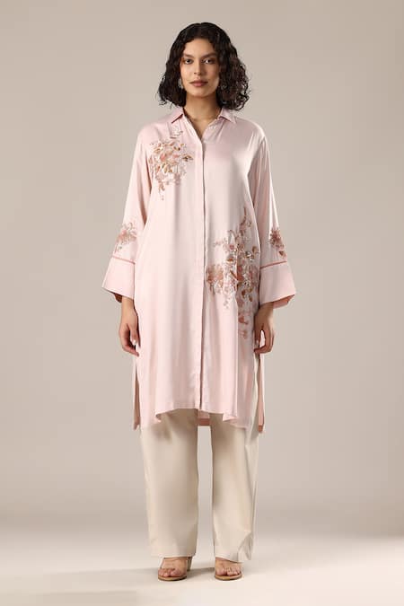 GOLDN_Pink Crepe, Silk, Viscose Embroidery, Sequins Collared Kurta And Trouser Set _Online_at_Aza_Fashions