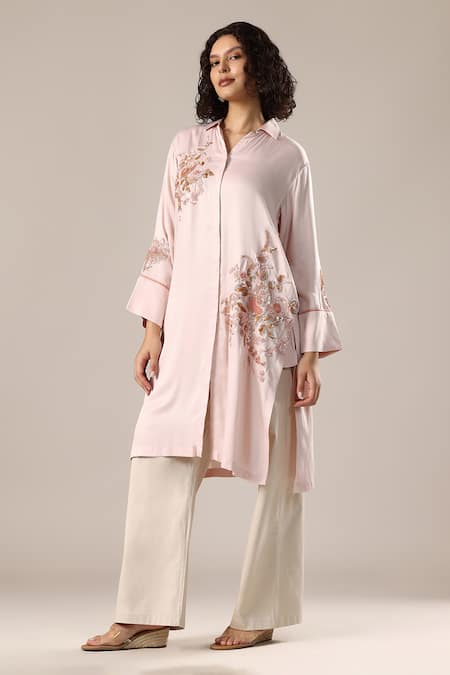 Buy_GOLDN_Pink Crepe, Silk, Viscose Embroidery, Sequins Collared Kurta And Trouser Set _Online_at_Aza_Fashions