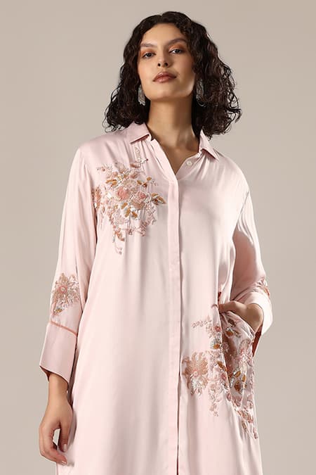 Shop_GOLDN_Pink Crepe, Silk, Viscose Embroidery, Sequins Collared Kurta And Trouser Set _Online_at_Aza_Fashions