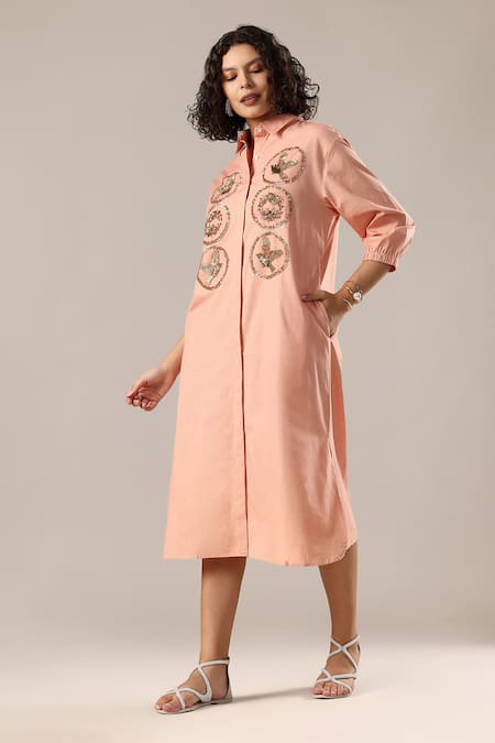 GOLDN_Peach Chanderi Silk Embroidery, Sequins, Beads Button-down Neck Shirt Dress _Online_at_Aza_Fashions