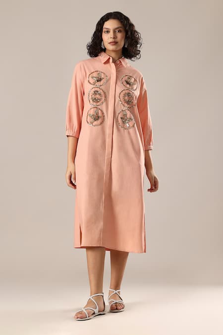 GOLDN Silk Chanderi Embroidered Shirt Dress 