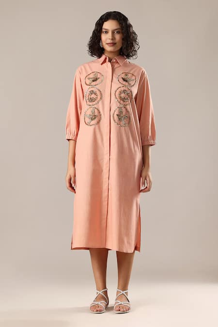 Buy_GOLDN_Peach Chanderi Silk Embroidery, Sequins, Beads Button-down Neck Shirt Dress _Online_at_Aza_Fashions