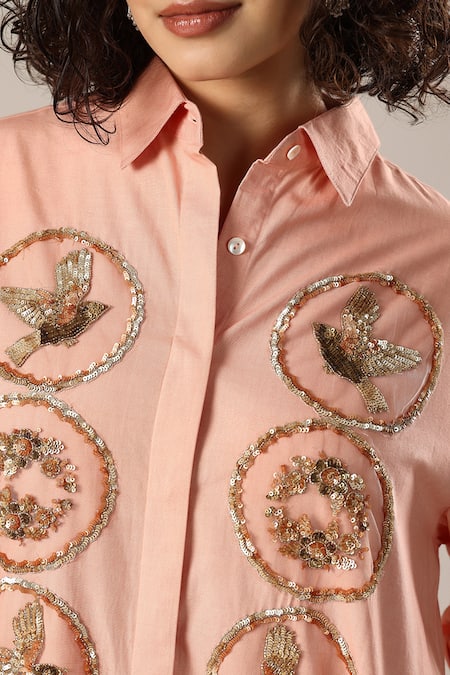 Shop_GOLDN_Peach Chanderi Silk Embroidery, Sequins, Beads Button-down Neck Shirt Dress _Online_at_Aza_Fashions