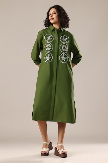 GOLDN Hand Embroidered Silk Chanderi Shirt Dress 