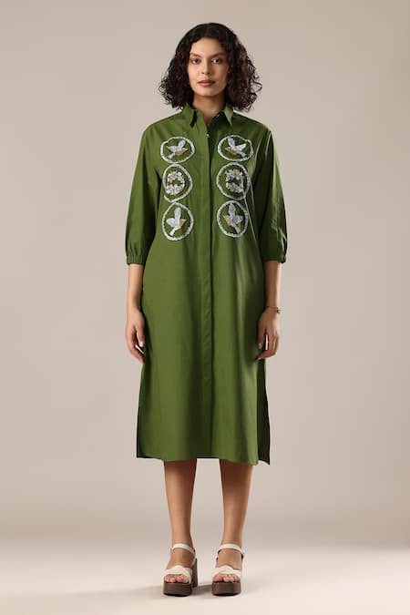 GOLDN_Green Chanderi Silk Embroidery Button-down Neck Hand Shirt Dress _Online_at_Aza_Fashions