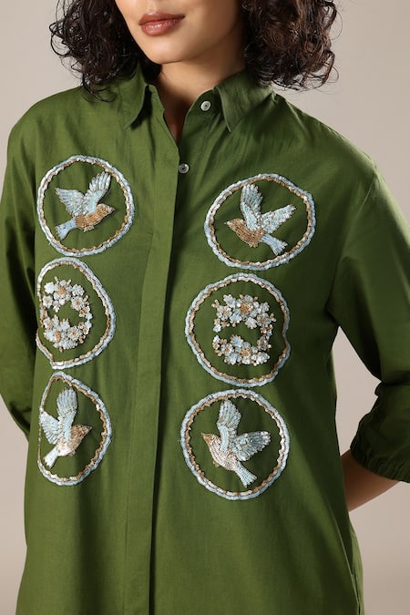 Shop_GOLDN_Green Chanderi Silk Embroidery Button-down Neck Hand Shirt Dress _Online_at_Aza_Fashions