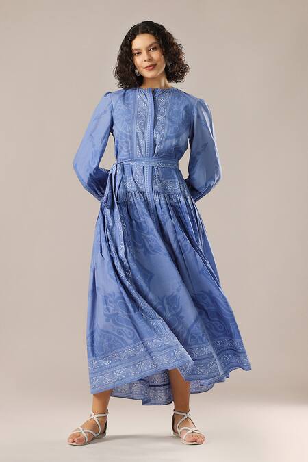 GOLDN_Blue Chanderi Silk Mandarin Collar Printed Shirt Dress With Belt _Online_at_Aza_Fashions