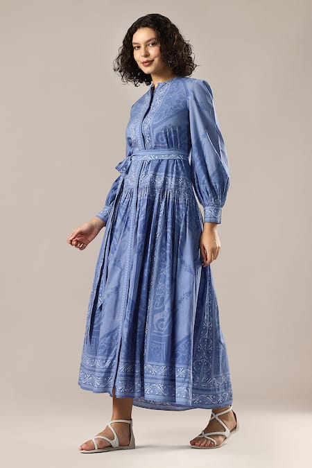 Shop_GOLDN_Blue Chanderi Silk Mandarin Collar Printed Shirt Dress With Belt _Online_at_Aza_Fashions