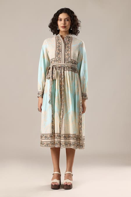 GOLDN Printed Silk Chanderi Dress With Belt 