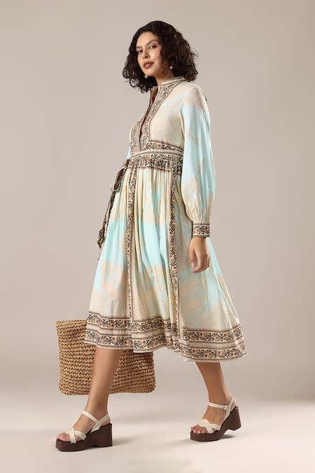 Shop_GOLDN_Green Chanderi Silk Mandarin Collar Printed Dress With Belt _Online_at_Aza_Fashions