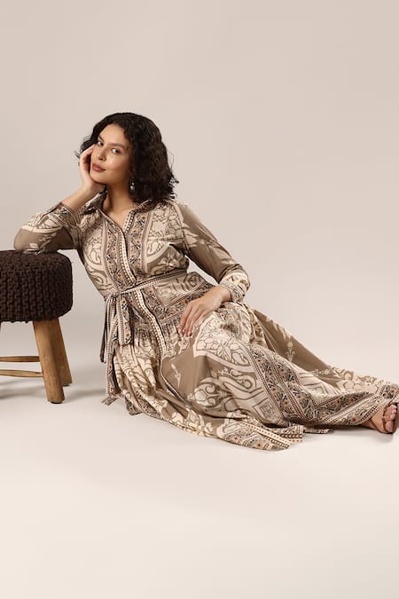 GOLDN_Ivory Silk, Chanderi Collared Printed Dress With Belt _Online_at_Aza_Fashions