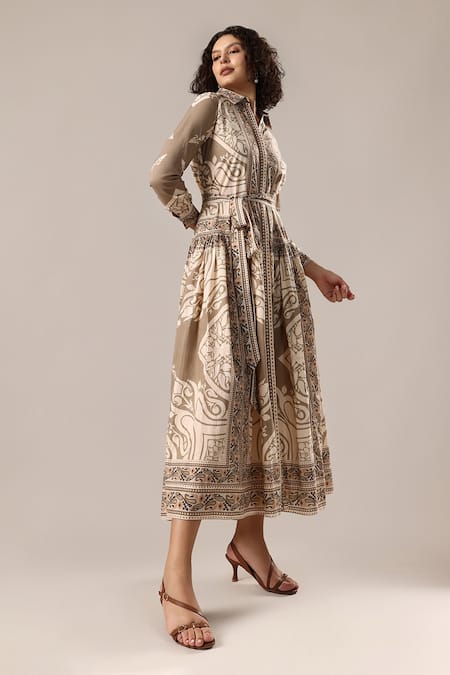 Buy_GOLDN_Ivory Silk, Chanderi Collared Printed Dress With Belt _Online_at_Aza_Fashions