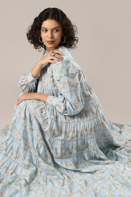 Buy_GOLDN_Sky Blue Chanderi Silk Zari Round Neck Dress _Online_at_Aza_Fashions