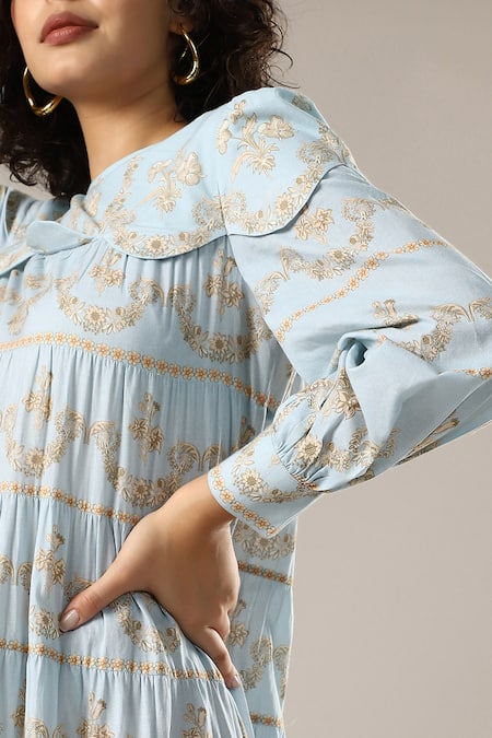 Shop_GOLDN_Sky Blue Chanderi Silk Zari Round Neck Dress _Online_at_Aza_Fashions