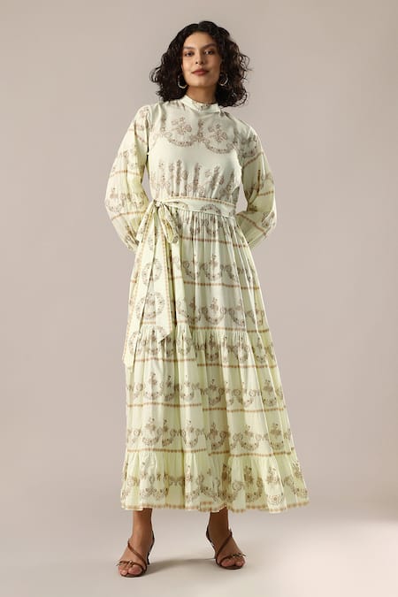 GOLDN_Yellow Chanderi Silk Mandarin Collar Panelled Tiered Dress _Online_at_Aza_Fashions