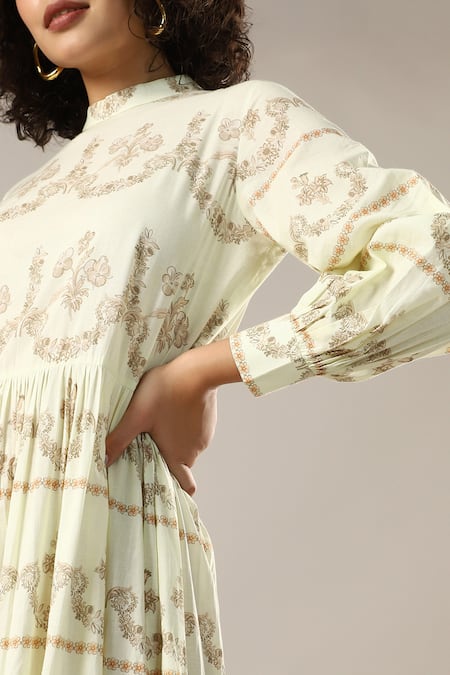 Shop_GOLDN_Yellow Chanderi Silk Mandarin Collar Panelled Tiered Dress _Online_at_Aza_Fashions