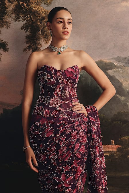 Payal & Zinal_Pink Net Beads Sweetheart Neck Printed Floral Embroidered Saree And Blouse Set _Online_at_Aza_Fashions