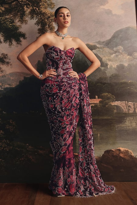 Buy_Payal & Zinal_Pink Net Beads Sweetheart Neck Printed Floral Embroidered Saree And Blouse Set _Online_at_Aza_Fashions