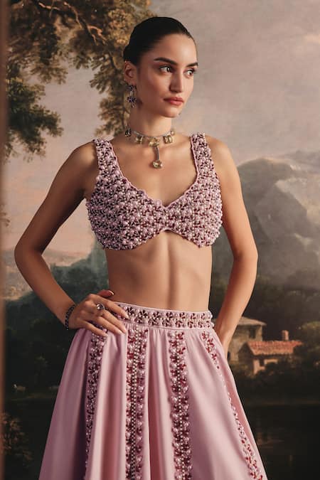 Buy_Payal & Zinal_Pink Silk Sequins, Beads, Hand-embroidered Tropical Gaji Lehenga And Blouse Set _Online_at_Aza_Fashions