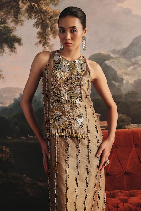 Buy_Payal & Zinal_Gold Tissue Sequins, Crystals Embroidered Floral Patti Midi Dress With Coins _Online_at_Aza_Fashions