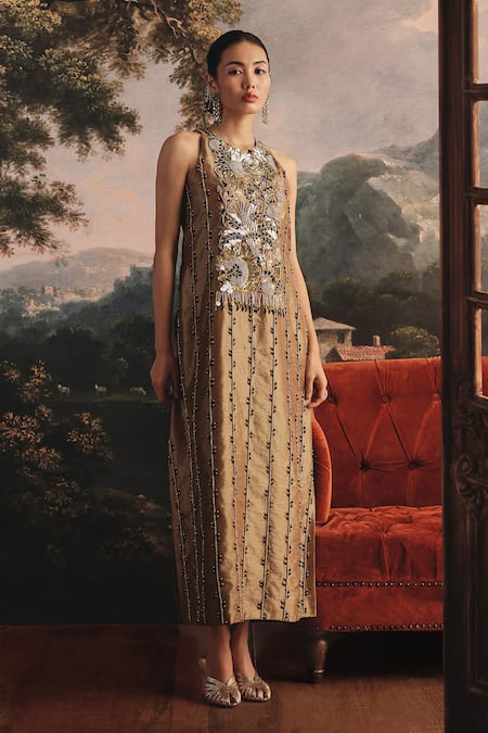 Payal & Zinal Embroidered Floral Patti Tissue Midi Dress with Coins 