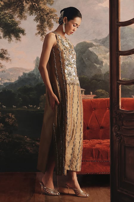 Payal & Zinal_Gold Tissue Sequins, Crystals Embroidered Floral Patti Midi Dress With Coins _at_Aza_Fashions